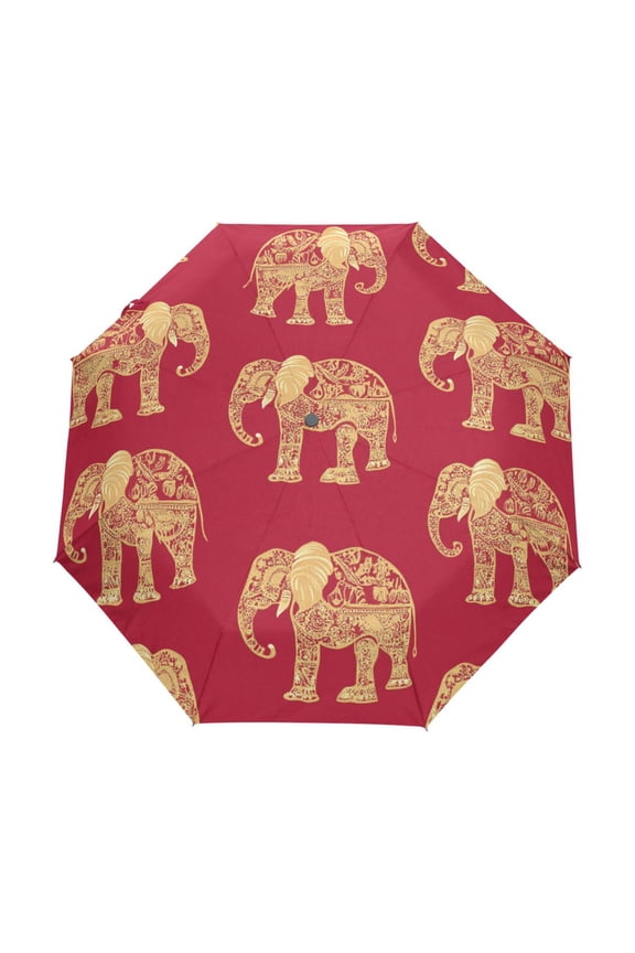One-Touch Auto Open Close Rain Umbrella With Creative Elephant Elegance on Red Pattern