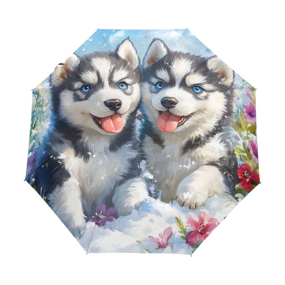 BZSMCE One-Touch Auto Open Close Rain Umbrella With Creative Huskies in Bloom Pattern