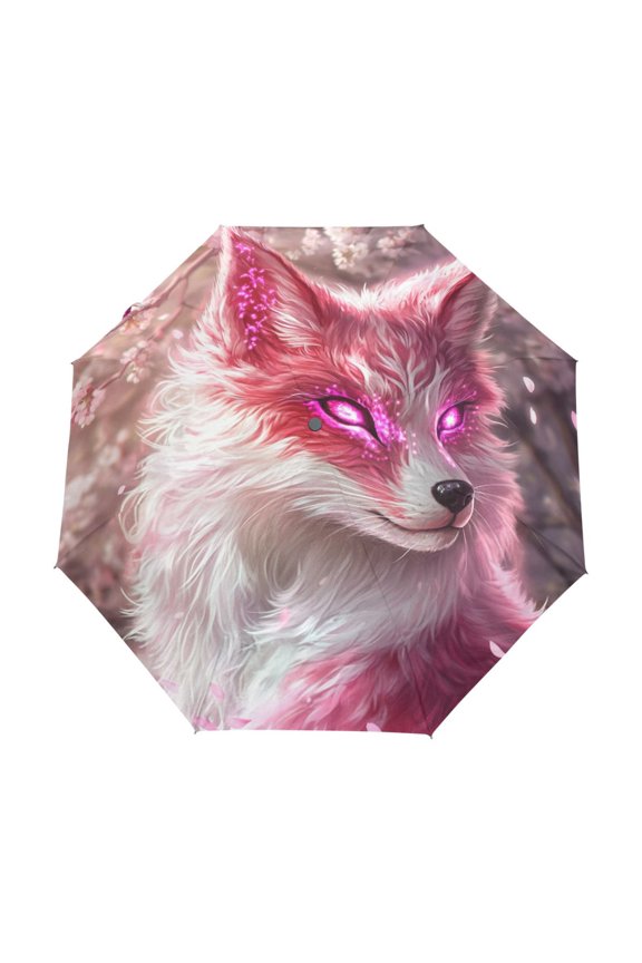 One-Touch Auto Open Close Rain Umbrella With Creative Pink Fox with Glowing Eyes Pattern