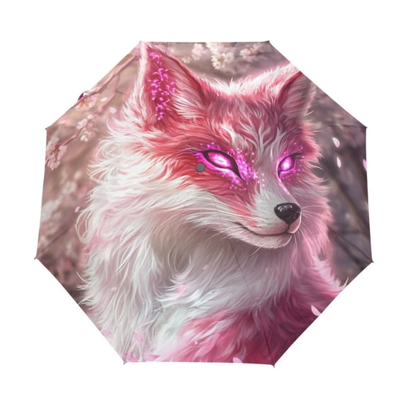BZSMCE One-Touch Auto Open Close Rain Umbrella With Creative Pink Fox with Glowing Eyes Pattern