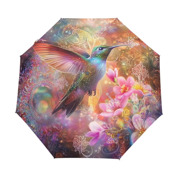 BZSMCE One-Touch Auto Open Close Rain Umbrella With Creative Radiant Hummingbird Whirl Pattern
