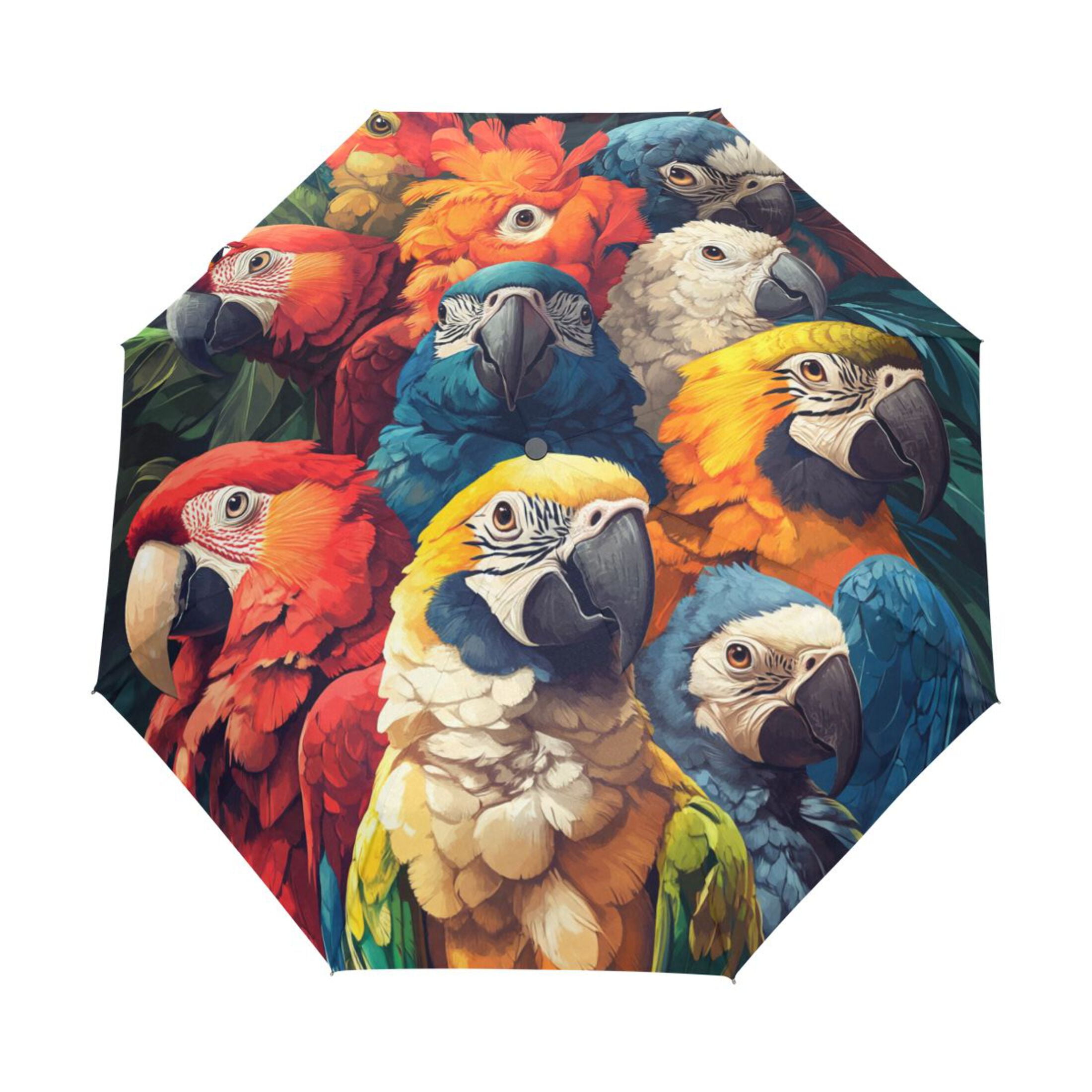 BZSMCE One-Touch Auto Open Close Rain Umbrella With Creative Rainbow Of Parrots Pattern