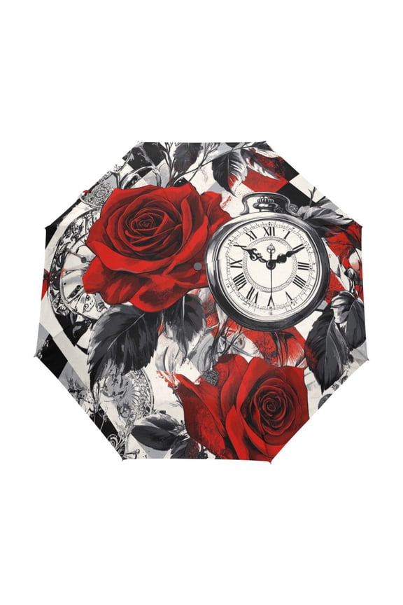 One-Touch Auto Open Close Rain Umbrella With Creative Red Rose Reverie Pattern