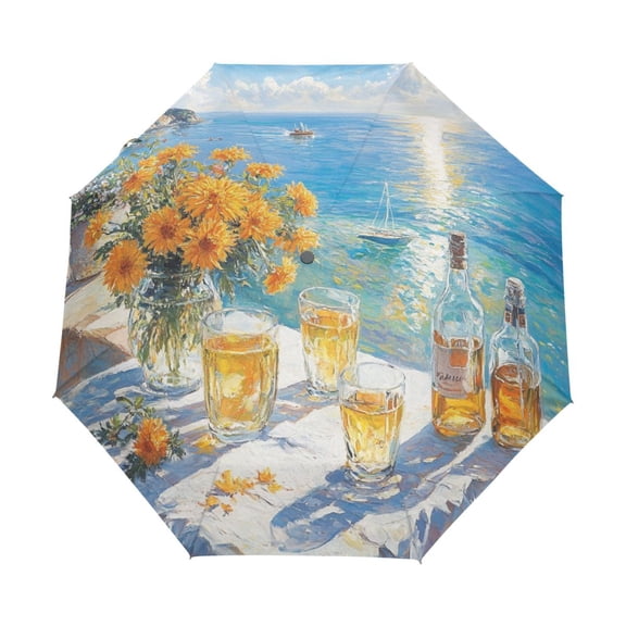 BZSMCE One-Touch Auto Open Close Rain Umbrella With Creative Sunny Ocean Retreat Pattern