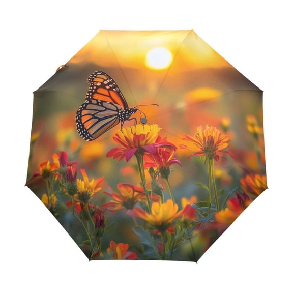 BZSMCE One-Touch Auto Open Close Rain Umbrella With Creative Sunset Butterfly Bliss Pattern