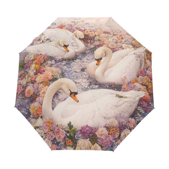 BZSMCE One-Touch Auto Open Close Rain Umbrella With Creative Swan Serenade Pattern