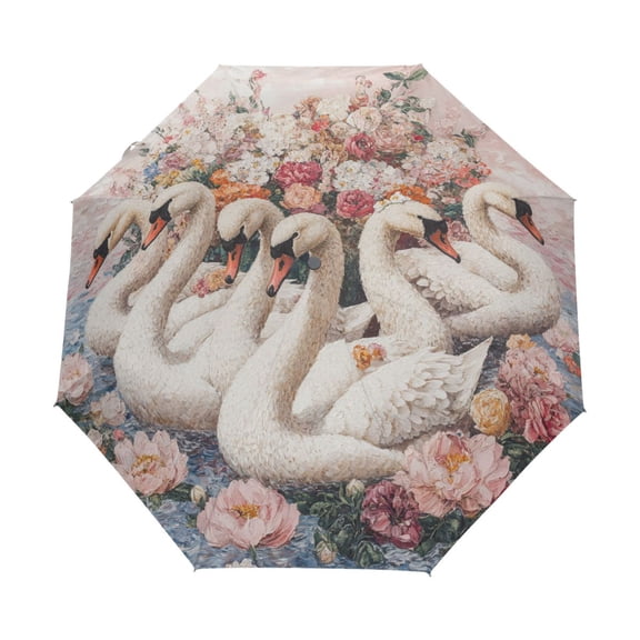 BZSMCE One-Touch Auto Open Close Rain Umbrella With Creative Swan Serenade in Floral Dream Pattern