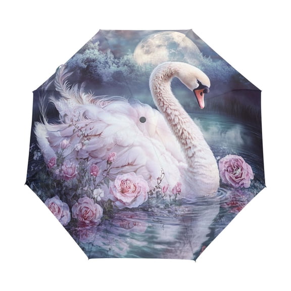 BZSMCE One-Touch Auto Open Close Rain Umbrella With Creative Swan by Moonlight with Roses Pattern