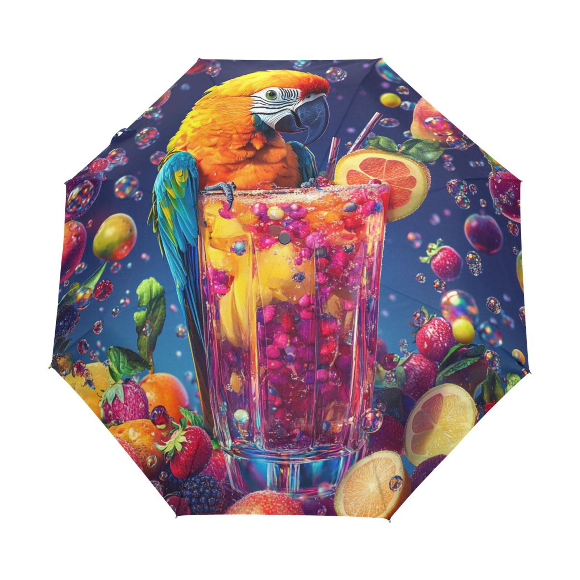 BZSMCE One-Touch Auto Open Close Rain Umbrella With Creative Tropical Paradise Parrot Pattern