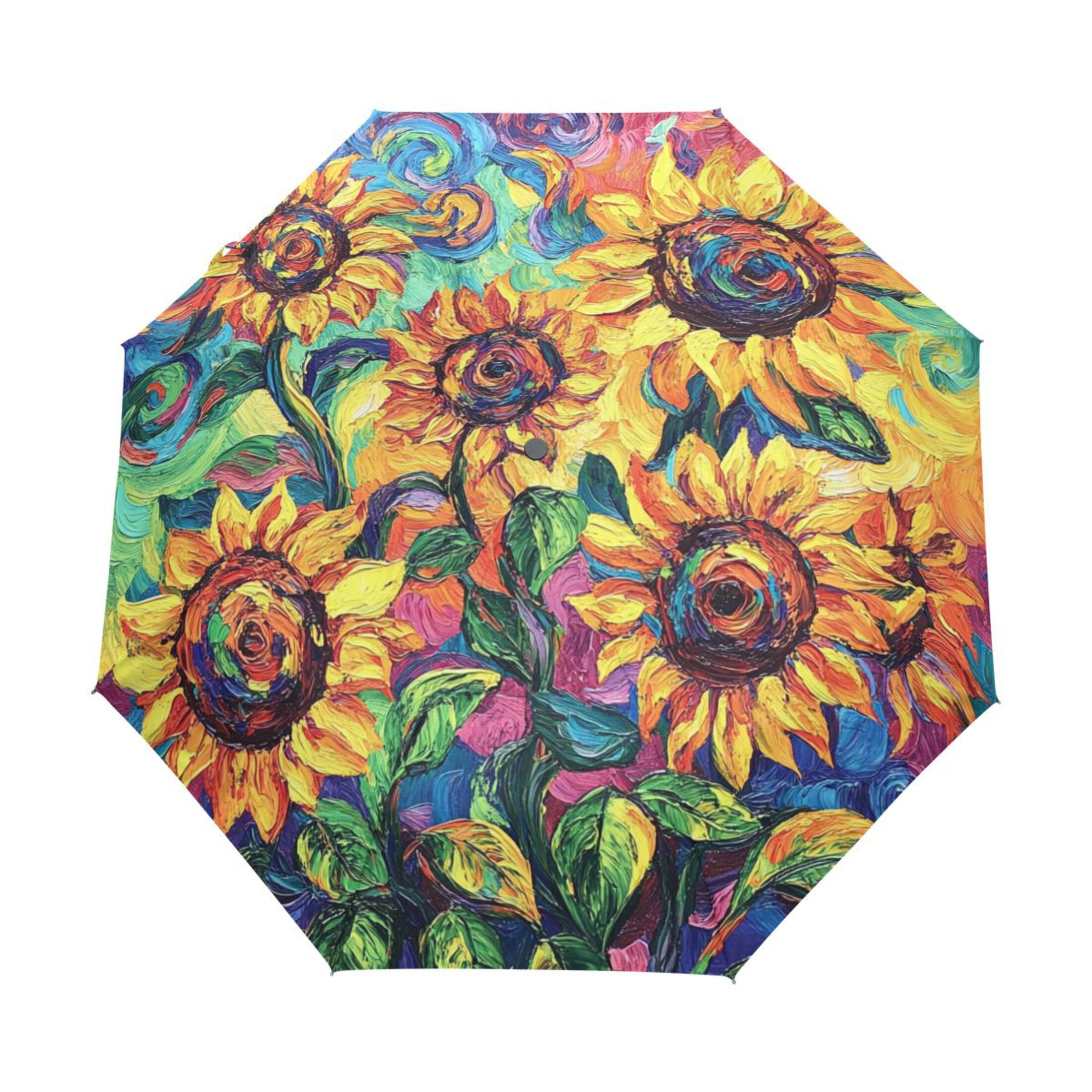 BZSMCE One-Touch Auto Open Close Rain Umbrella With Creative Vibrant Sunflowers in Bloom Pattern