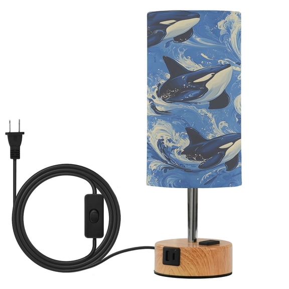 BZSMCE Orca Wave Blue Pattern Printed 3 Color Touch Control Table Lamp Linen Shade LED Nightstand Lamp with Wood Grain BaseUS Standard Power Cord