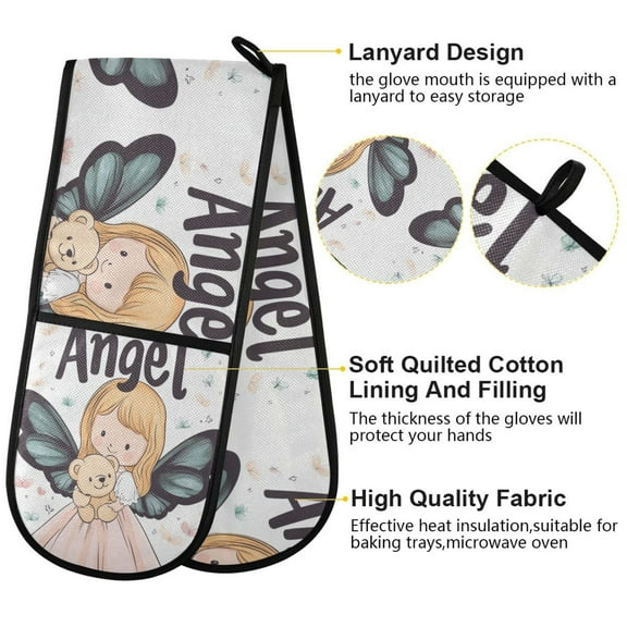 BZSMCE Oven Mitts Angel Holding Bear Drawing Creative Pattern Resistant Kitchen Gloves