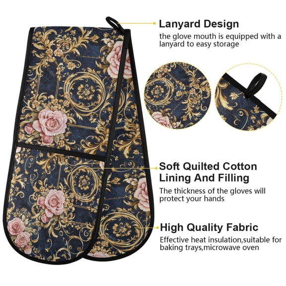 BZSMCE Oven Mitts Floral Pink Roses Gold Filigree Creative Pattern Resistant Kitchen Gloves