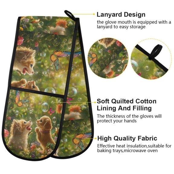 BZSMCE Oven Mitts Kitten And Puppy With Butterflies Creative Pattern Resistant Kitchen Gloves