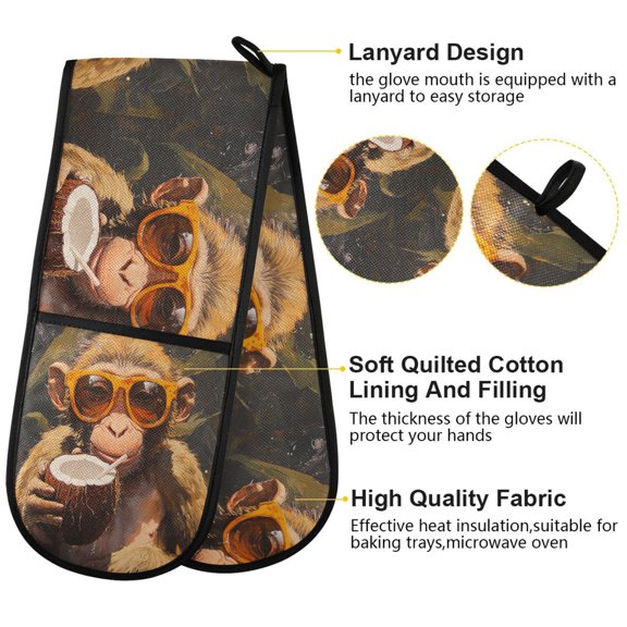 BZSMCE Oven Mitts Monkey with Glass Drinking Coconut Creative Pattern Resistant Kitchen Gloves