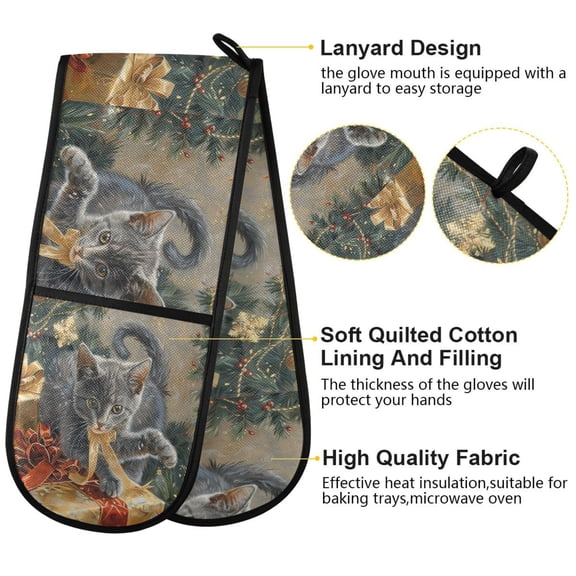 BZSMCE Oven Mitts Playful Kitten with Holiday Gifts Creative Pattern Resistant Kitchen Gloves