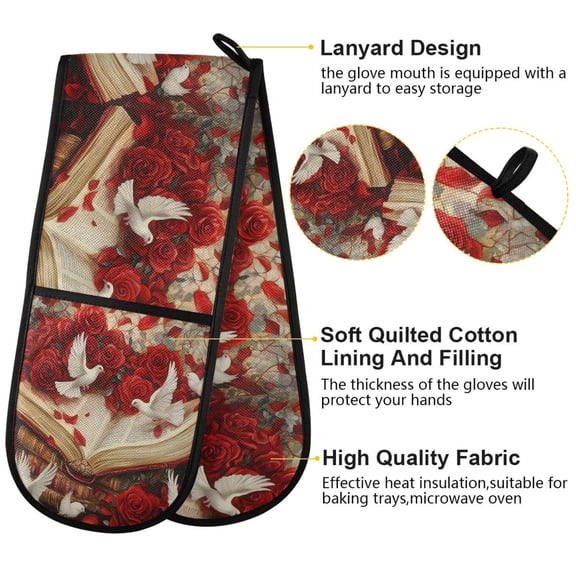 BZSMCE Oven Mitts Red Roses White Doves Painting Creative Pattern Resistant Kitchen Gloves