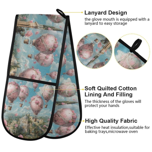BZSMCE Oven Mitts Whimsical Scene Of Pink Hot Air Balloons Floating Creative Pattern Resistant Kitchen Gloves