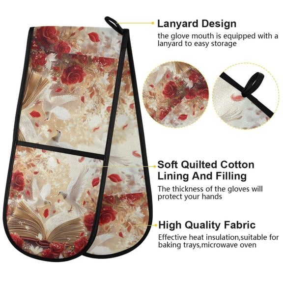 BZSMCE Oven Mitts White Doves Red Roses Creative Pattern Resistant Kitchen Gloves