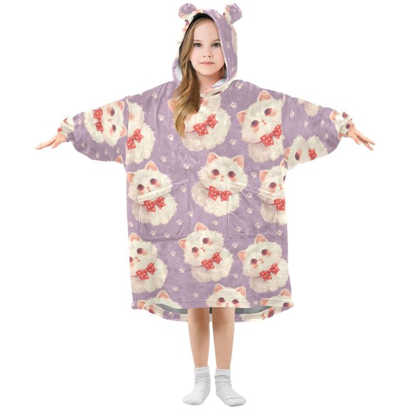 BZSMCE Oversized Hooded Wearable Blanket Wrap Bear A Cat with A Red Polka Dot Bow Pattern Printed Double-Sided Plush Lounge Robe Machine Washable