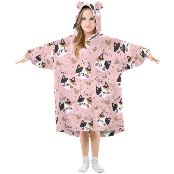 BZSMCE Oversized Hooded Wearable Blanket Wrap Bear A Heart Shaped Cat Pattern Printed Double-Sided Plush Lounge Robe Machine Washable