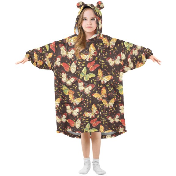 BZSMCE Oversized Hooded Wearable Blanket Wrap Bear Autumn Butterfly Pattern Printed Double-Sided Plush Lounge Robe Machine Washable