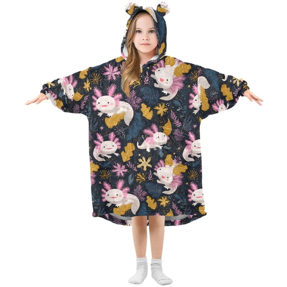 BZSMCE Oversized Hooded Wearable Blanket Wrap Bear Axolotl Leaf Pattern Printed Double-Sided Plush Lounge Robe Machine Washable