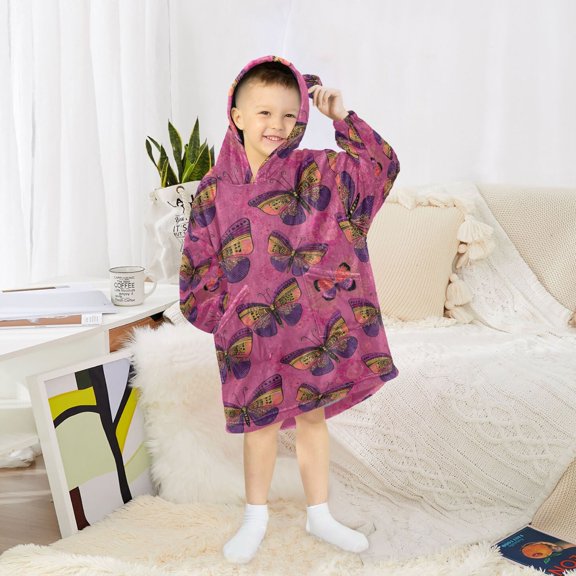 BZSMCE Oversized Hooded Wearable Blanket Wrap Bear Beautiful Butterfly Pattern Printed Double-Sided Plush Lounge Robe Machine Washable