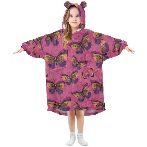 BZSMCE Oversized Hooded Wearable Blanket Wrap Bear Beautiful Butterfly Pattern Printed Double-Sided Plush Lounge Robe Machine Washable
