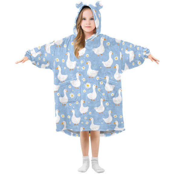 BZSMCE Oversized Hooded Wearable Blanket Wrap Bear Blue Lily Floret Pattern Printed Double-Sided Plush Lounge Robe Machine Washable