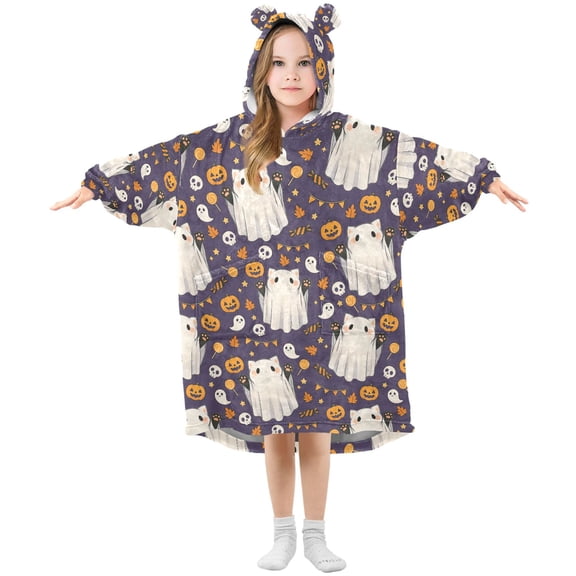 BZSMCE Oversized Hooded Wearable Blanket Wrap Bear Cat-shaped Ghost Pumpkin Pattern Printed Double-Sided Plush Lounge Robe Machine Washable