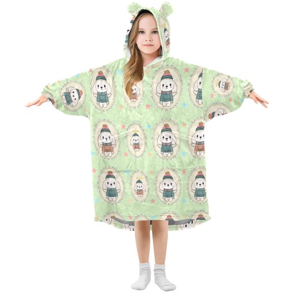 BZSMCE Oversized Hooded Wearable Blanket Wrap Bear Christmas Angel Dog Pattern Printed Double-Sided Plush Lounge Robe Machine Washable