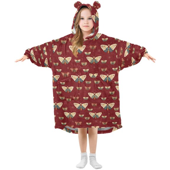 BZSMCE Oversized Hooded Wearable Blanket Wrap Bear Cute Butterfly Pattern Printed Double-Sided Plush Lounge Robe Machine Washable