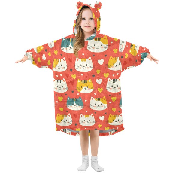 BZSMCE Oversized Hooded Wearable Blanket Wrap Bear Cute Cat Valentine Pattern Printed Double-Sided Plush Lounge Robe Machine Washable