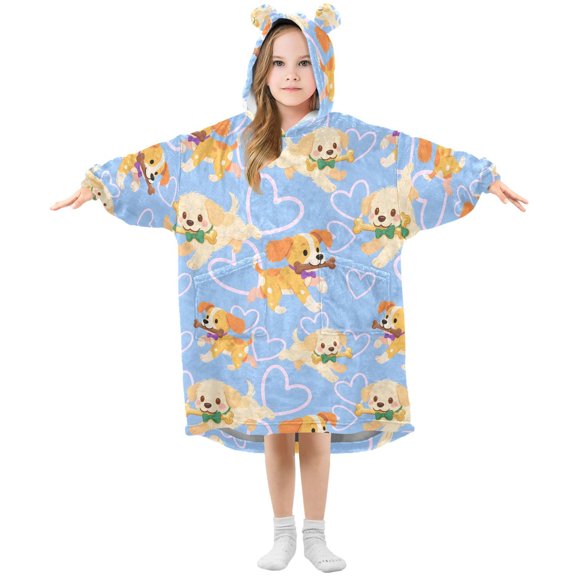 BZSMCE Oversized Hooded Wearable Blanket Wrap Bear Dog Holding Bone Pattern Printed Double-Sided Plush Lounge Robe Machine Washable