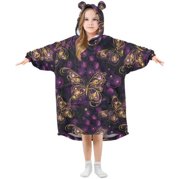 BZSMCE Oversized Hooded Wearable Blanket Wrap Bear Dreamy Butterfly Pattern Printed Double-Sided Plush Lounge Robe Machine Washable