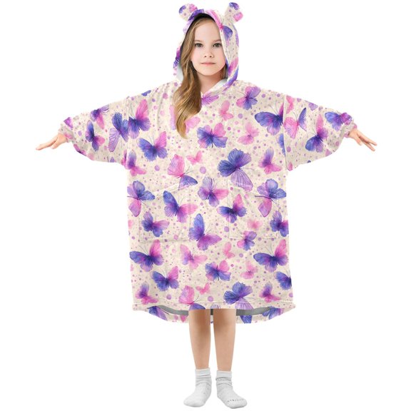 BZSMCE Oversized Hooded Wearable Blanket Wrap Bear Dreamy Butterfly Pattern Printed Double-Sided Plush Lounge Robe Machine Washable