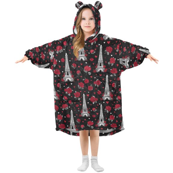 BZSMCE Oversized Hooded Wearable Blanket Wrap Bear Eiffel Tower Rose Pattern Printed Double-Sided Plush Lounge Robe Machine Washable