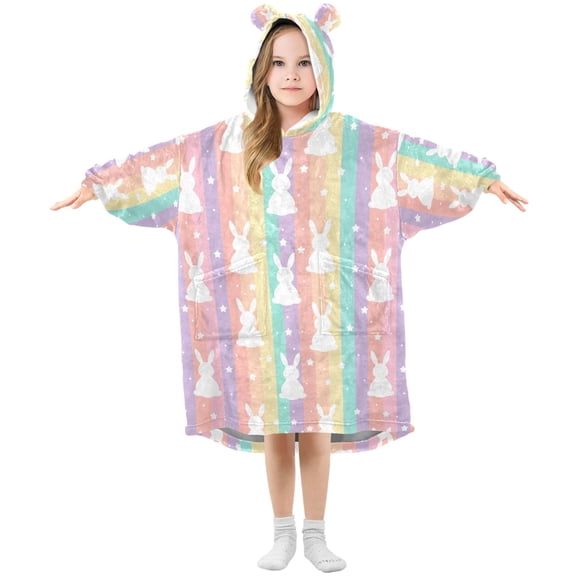BZSMCE Oversized Hooded Wearable Blanket Wrap Bear Fantasy Rabbit Pattern Printed Double-Sided Plush Lounge Robe Machine Washable