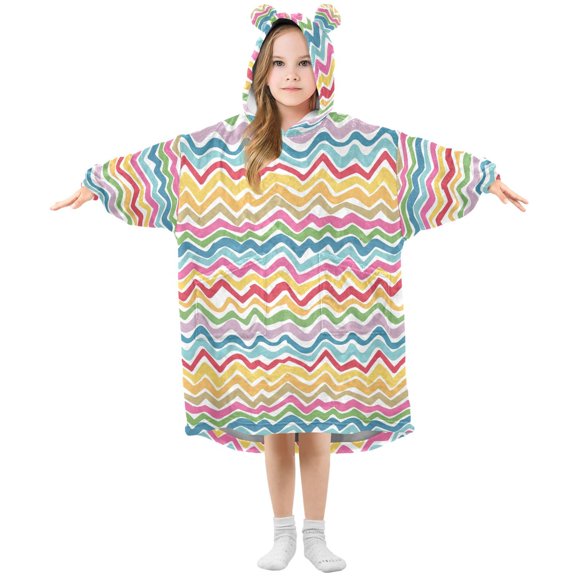 BZSMCE Oversized Hooded Wearable Blanket Wrap Bear Graffiti Stripes Pattern Printed Double-Sided Plush Lounge Robe Machine Washable
