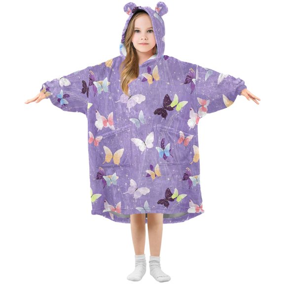 BZSMCE Oversized Hooded Wearable Blanket Wrap Bear Line Butterfly Pattern Printed Double-Sided Plush Lounge Robe Machine Washable