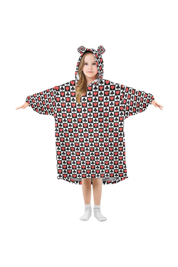 BZSMCE Oversized Hooded Wearable Blanket Wrap Bear Love Plum Blossom Checked Pattern Printed Double-Sided Plush Lounge Robe Machine Washable