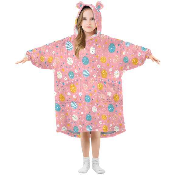 BZSMCE Oversized Hooded Wearable Blanket Wrap Bear Pastel Easter Egg Pattern Printed Double-Sided Plush Lounge Robe Machine Washable