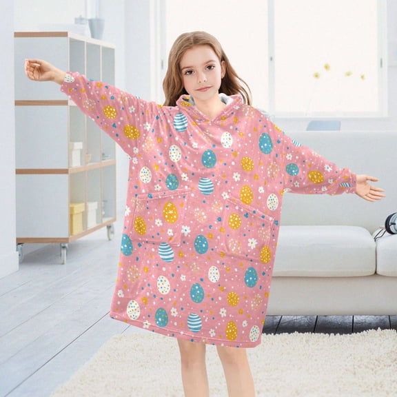BZSMCE Oversized Hooded Wearable Blanket Wrap Bear Pastel Easter Egg Pattern Printed Double-Sided Plush Lounge Robe Machine Washable