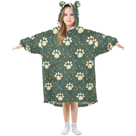 BZSMCE Oversized Hooded Wearable Blanket Wrap Bear Paw Print Dot Pattern Printed Double-Sided Plush Lounge Robe Machine Washable