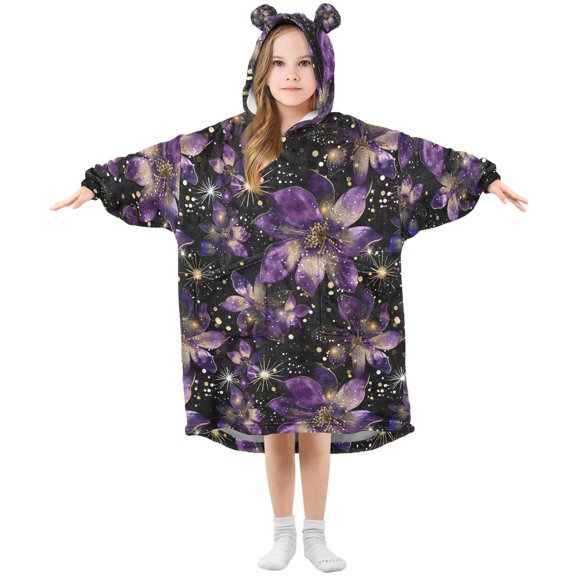 BZSMCE Oversized Hooded Wearable Blanket Wrap Bear Purple Gold Fantasy Flower Pattern Printed Double-Sided Plush Lounge Robe Machine Washable