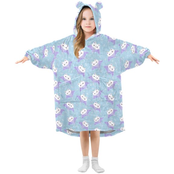 BZSMCE Oversized Hooded Wearable Blanket Wrap Bear Purple Manta Fish Pattern Printed Double-Sided Plush Lounge Robe Machine Washable