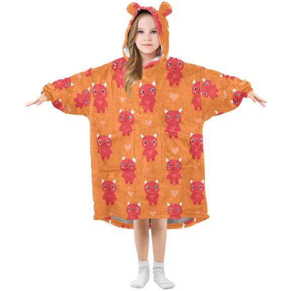 BZSMCE Oversized Hooded Wearable Blanket Wrap Bear Red Devil Pattern Printed Double-Sided Plush Lounge Robe Machine Washable