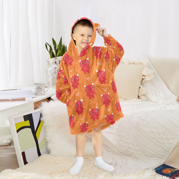 BZSMCE Oversized Hooded Wearable Blanket Wrap Bear Red Devil Pattern Printed Double-Sided Plush Lounge Robe Machine Washable