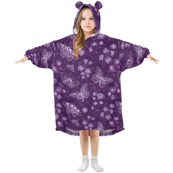 BZSMCE Oversized Hooded Wearable Blanket Wrap Bear String Butterfly Flower Printed Double-Sided Plush Lounge Robe Machine Washable